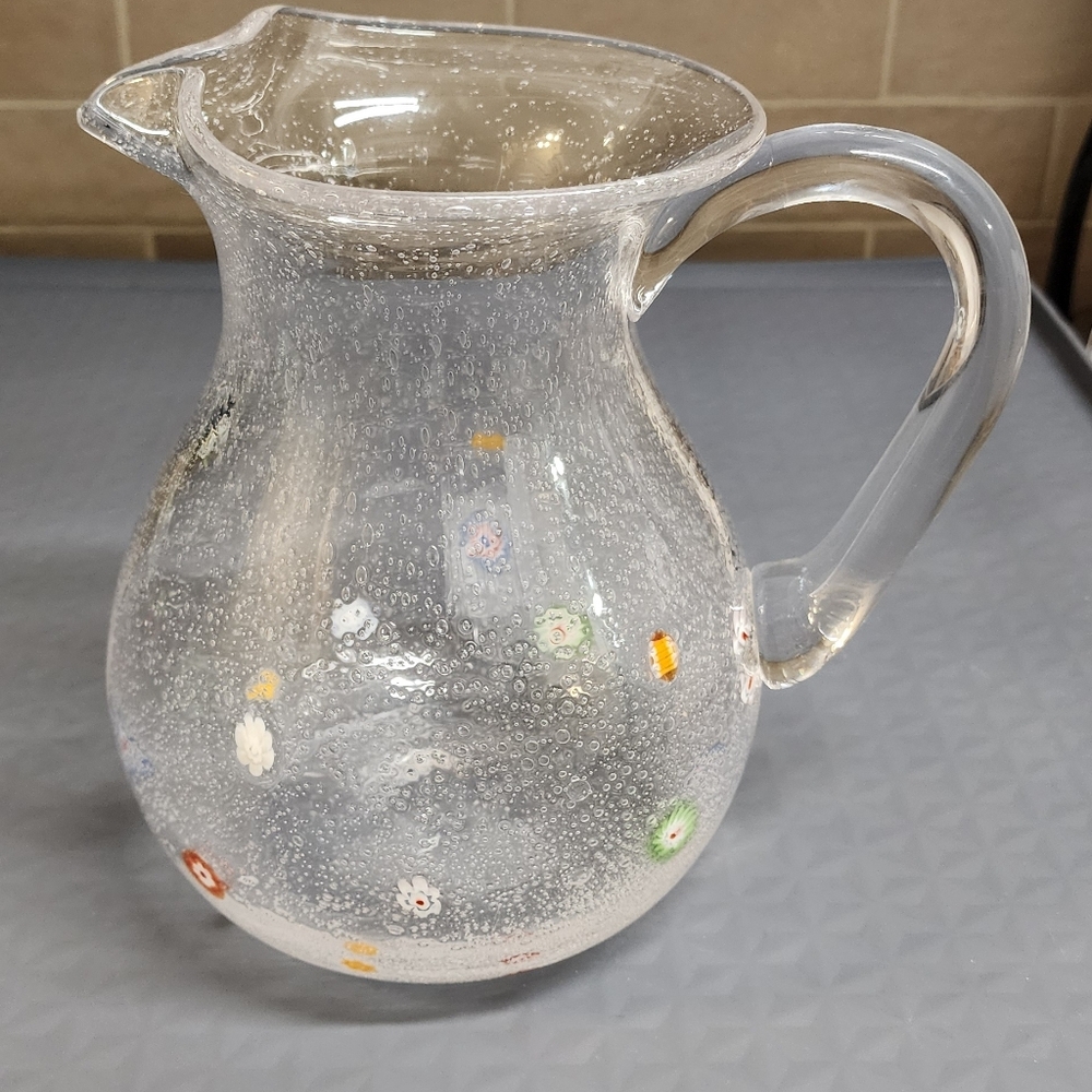 Hand blown clear bubble glass pitcher with flowers 9" beautiful flared top - Picture 9 of 11